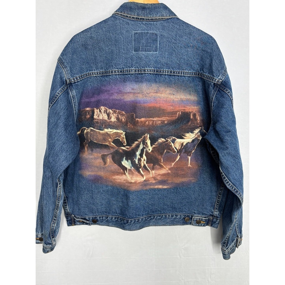 ID Wear Jacket Mens Blue Denim Cotton Street Wear Running Horses Graphic‎ XL